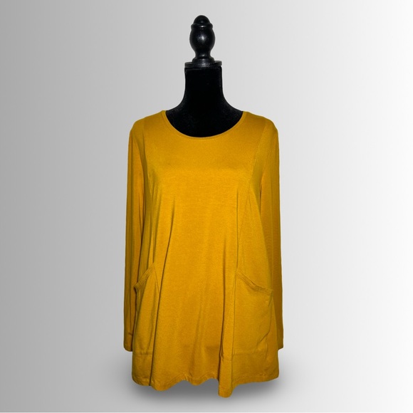Isaac Mizrahi Live Mustard Yellow 3/4 Sleeve Tunic With Pockets, Cotton/Modal Lg - Picture 3 of 10
